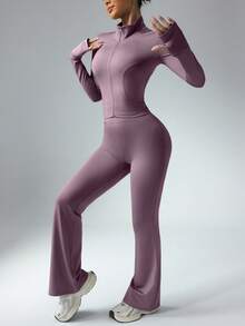 Women Solid Color Long Sleeve Top And Slim Fit Pants Active Set Workout Women Set Women Workout Set Gym Women Outfit - Mauve Purple - View 3