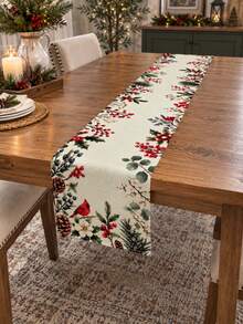 Christmas Cardinal Bird Holly Red Berry Pinecone Print Table Runner, Vintage Botanical Fabric Table Runner, Xmas Holiday Dining Table Decoration - Christmas Pine Cone Print - View 5