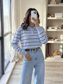 Women's Fashion Polo Collar Colorblock Button Knit Top, Long Sleeve Casual Sweater, Suitable For Autumn/Winter Daily Wear - Blue - View 4