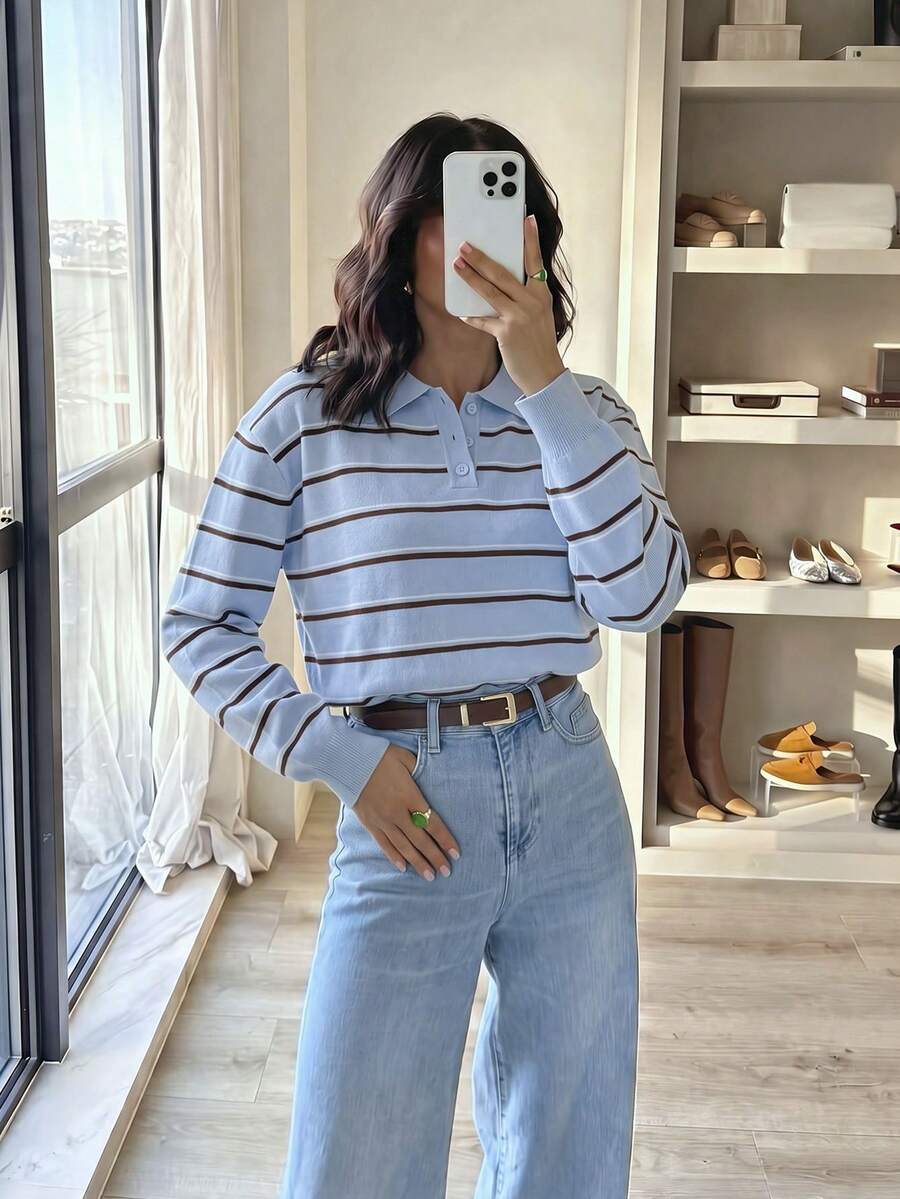 Women Fall Winter Going Out Outfits Sweater Fashion Polo Collar Color Block Button Knit Top, Long Sleeve Casual