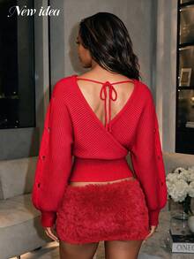 NEW IDEA Women Red Fall Winter Cropped Sweater, V Neck Wrap Knit Long Sleeve Christmas Party Top - Red - View 2