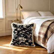1PC French Floral Print Pillow Cover With Tassel Border, Double-Sided Decorative Pillowcase, Black Background White Flower Pattern, Home Decoration, Sofa, Bed, Bedroom(Excluding Pillow Core)-Size Excludes 3cm Tassels - Multicolor - View 9