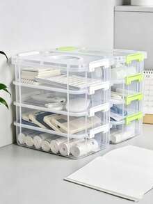 One 3/1-Layer Clear Plastic Storage Box With Snap Stackable Design And Portable Handle For Stationery, Cosmetics, Tools, Multi-Function Storage Box Set For Various Storage Scenarios - Multicolor - View 10
