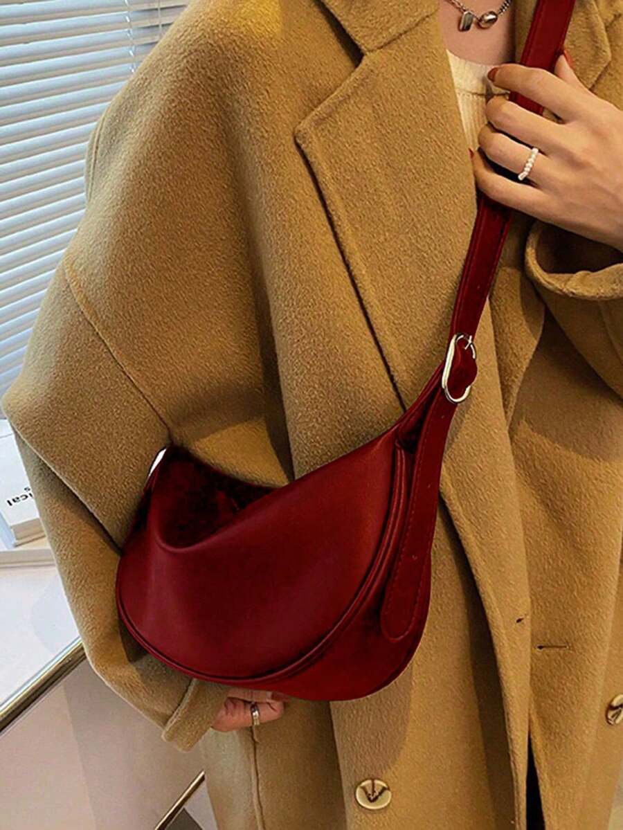 1件裝 柔軟PU皮革餃子包 經典月牙形 純色極簡風 高級質感 女款優雅大容量多功能可調節肩帶單肩斜挎包 適合上班族大學生日常通勤、外出、約會、購物