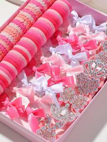 111pcs Girls Pink Rhinestone Heart Bow Crown Hair Ties Ribbon Bow Hair Clips Thumb Rings High Elasticity Durable Non-Damaging Hair Bands For Daily Use - Pink - View 2