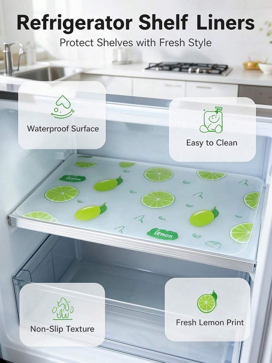 1/2/4pcs High Quality Thickened Refrigerator Mat, Washable And Reusable, EVA Material, Lemon Pattern, Suitable For Refrigerator And Kitchen Decoration, Can Be Used As Refrigerator Mat, Drawer Liner, Shelf Mat, Tabletop/Countertop Mat, Shoe Cabinet Liner And Cabinet Liner. Kitchen Essentials/Tools/Supplies/Accessories, Summer - Multicolor - View 1