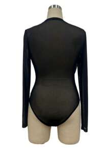 Sexy Contrast Mesh Criss-Cross Long Sleeve Short Bodysuit - Black - View 7