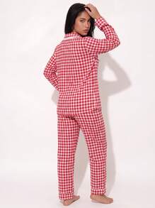 2pcs Women's Plaid Print Lace Patchwork Long Sleeve Pajama Top + Elastic Waist Long Pants Loungewear Set - Red - View 3