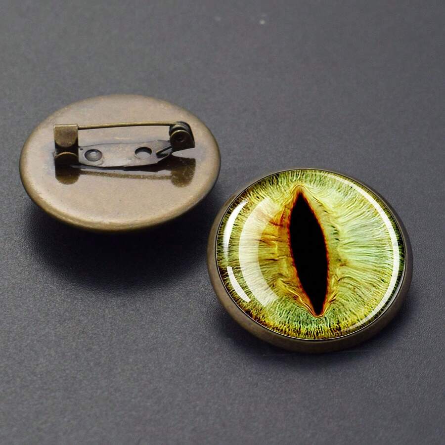 1PC Cat Eye Pattern Glass Brooch Pin Round Fashion Jewelry Gift For Men And Women Unique Animal Theme Design Brooch Accessory - Bronze - View 1