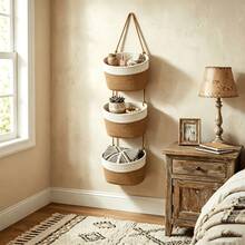 3-Tier Boho Neutral-Tone Hanging Basket – Woven Rope Wall Organizer With Space-Saving Vertical Storage; Bohemian Style For Bathroom, Nursery, Kitchen, And Bedroom – Multi-Room Hanging Storage Unit For Towels And Tableware - View 6