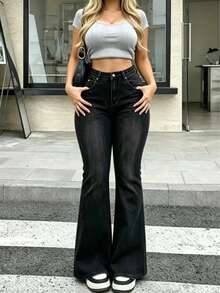 American Style Premium Black High-Waisted Slim Fit Flared Jeans - Black - View 2