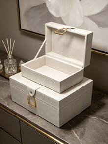 Bộ 2 hộp đựng trang sức PU vân nổi lớn và nhỏ, khung MDF lót nhung, tay cầm khóa gài hình bàn đạp màu vàng, hộp lưu trữ trang sức sang trọng cho phòng ngủ, bàn trang điểm, trang trí phòng, quà cưới - Màu be - Xem 8