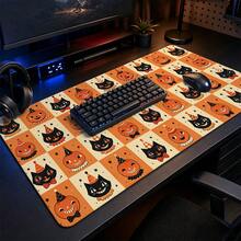 1pc Vintage Halloween Black Cat And Jack-O'-Lantern Checkerboard Print Extended Mouse Pad, Orange Black Keyboard Desk Mat, Holiday Desktop Decor - View 2
