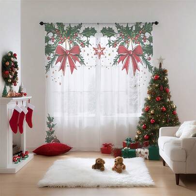 2 Stück Weihnachts-Schleife transparente Vorhänge, 2D-Flachdruck mit Stechpalmenblättern, roten Beeren, großer roter Schleife und Sternmuster, leichter transparenter Stoff, Stangendurchzug Fenster-Vorhänge für Wohnzimmer Schlafzimmer, Weihnachts-Feiertags-Heimdekoration