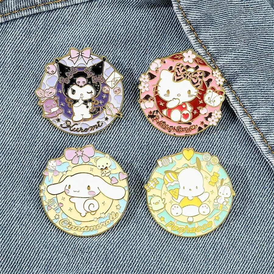 4PCS/Set Sanrio Hello Kitty Brooch - Pink And Black Glitter Floral Design, High-Quality Collectible Accessory, Jacket Bag Decoration, Fan Gift, Cartoon Style, Shiny Effect, Cute Shape, A Must-Have For Anime Fans - Brooch - View 1