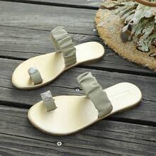 Women's Summer Pleated Toe Strap Flat Slide Sandals, Vacation Beach Style - Apricot - View 6