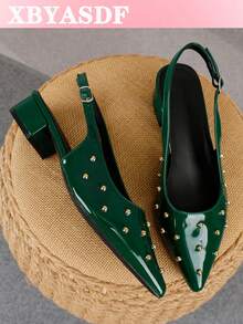 XBYASDF 女款深綠色亮面尖頭鉚釘露背3cm粗跟高跟鞋，金色裝飾扣時尚通勤約會涼鞋 - 深綠色 - 查看 1