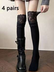 1/2 Pairs Women's Multi-Color Lace Bow Ballet Style Slouch Socks (1/2/4/8 Pairs) - Multicolor - View 16