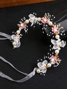 1pc Handmade Pink Flower Pearl Floral Headband, Tulle Floral Crown With Long Ribbon, Elegant Girls Floral Hair Accessory, Suitable For Birthday Party, Photography - Multicolor - View 4