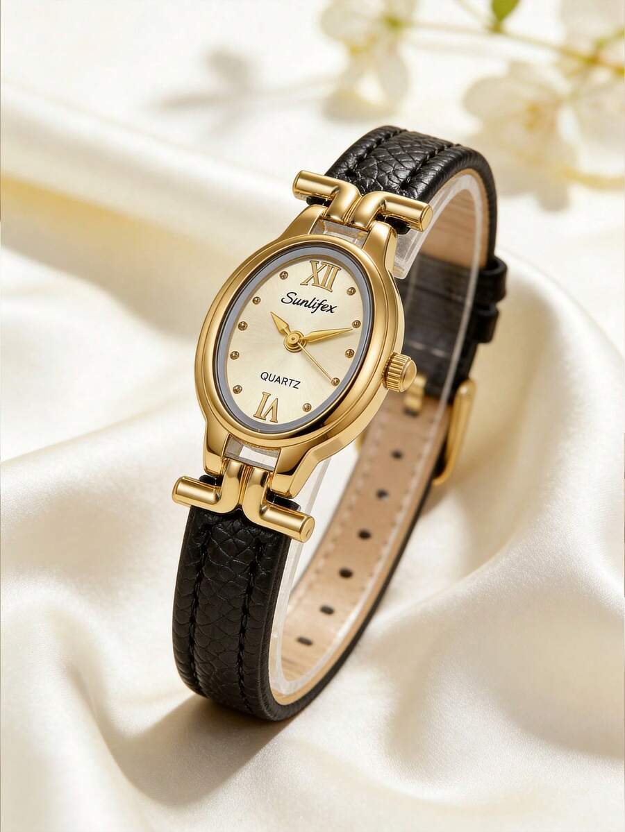 1件女款橢圓形復古石英手錶,金色合金錶殼,酒紅色水鑽錶盤,酒紅色荔枝紋PU錶帶,優雅女士手錶,適合日常配戴與送禮 - 黑色 - 查看 1