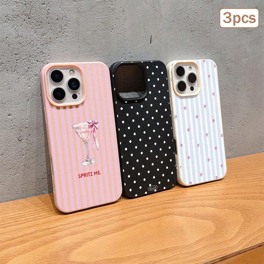 3件裝波點愛心條紋元素 TPU 防震全包覆精準保護殼,適用於 Apple 11/12/13/14/15/16/17 Pro Max - 彩色 - 查看 1