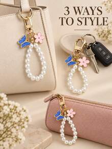 1pc Faux Pearl Beaded Flower Pendant Keychain, Sweet Fashionable Key Chain, Women's Bag Charm, Phone Strap, Earphone Case Anti-Loss Lanyard, Backpack Charm And Handbag Accessory, Suitable For Daily Commute, Birthday Gift, Halloween Gift, Thanksgiving Gift And Christmas Gift Exquisite Small Accessory - Multicolor - View 4