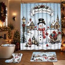 1/4pcs Christmas Snowman Shower Curtain Set, Christmas Tree Snowflake Pine Branch Winter Holiday Bathroom Curtain 180 X 180 Cm, Waterproof Mildew-Resistant Polyester Material, With 12 Hooks - A - View 10