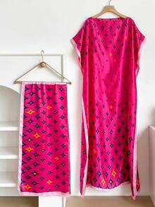 1 Set Faux Silk Minimalist Premium Geometric Print Long Robe Set For Women, Beach Cover-Up Sun Protection Pullover Shawl With Satin Scarf, Perfect For Layering And Daily Wear - Multicolor - View 10