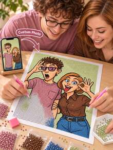 Personalized Photo Diamond Painting, DIY Diamond Art Kit, Turn Your Photo Into Unique Cartoon Style Artwork, Square And Round Acrylic Diamonds, Creative Handmade Gift For Couples, Family, Friends, Birthday And Special Occasions - Multicolor - View 1