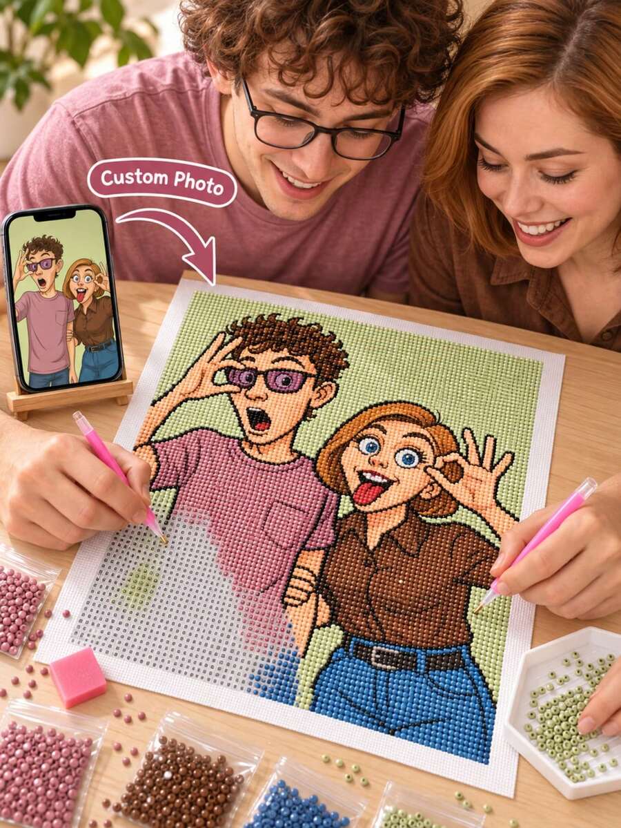 Personalized Photo Diamond Painting, DIY Diamond Art Kit, Turn Your Photo Into Unique Cartoon Style Artwork, Square And Round Acrylic Diamonds, Creative Handmade Gift For Couples, Family, Friends, Birthday And Special Occasions - Multicolor - View 1
