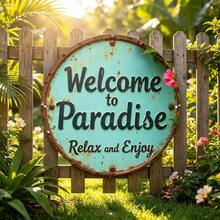 2D 1pc Welcome To Paradise Wooden Sign, Suitable For Yard Wall Decor, Fence, Garage, Indoor Wall Decoration, Great Gift/No Electricity Required - TM37 - View 2