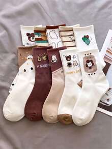 1/5 Pairs Women's Bear Mid-Calf Socks, Soft Comfortable Cute, Personalized Fashionable, Suitable For Home, Commute, Holiday Gift - Multicolor - View 1