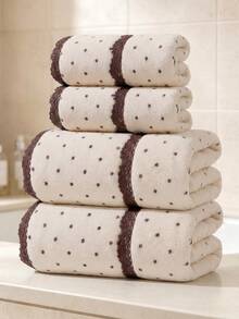 2/1pc Approx. 13.8*29.6in/27.6*55in Fashion Polka Dot Coral Fleece Thickened Towel, Bath Towel, Elegant Vintage Brown Lace Trim, Super Soft Highly Absorbent Quick Dry, Suitable For Home Bathroom Shower, Beach, Spa, Back To School Season - Beige - View 3