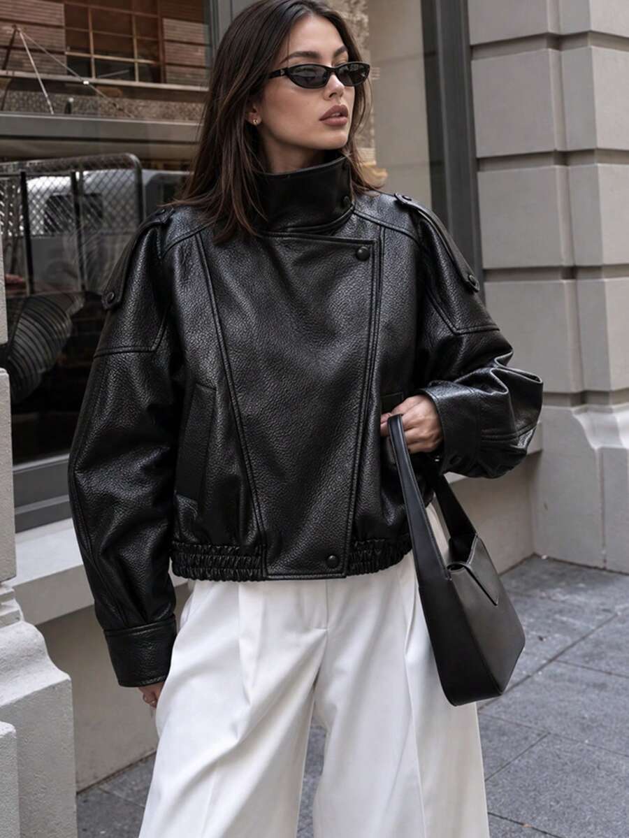 女款立領PU皮革夾克，時尚優雅長袖休閒拉鍊外套，黑色，時髦優雅秋季款