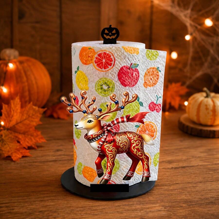 2D Flat Christmas Scarf Reindeer Print Paper Towel Holder, Acrylic Material Vertical Roll Paper Storage Rack, Kitchen Dining Table Decor Ornament, Easy Installation, Suitable For Christmas Holiday Party Home Room Decoration - Multicolor - View 1