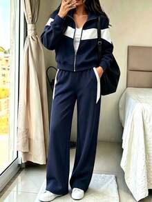 Women's Casual Sports Set, With Zipper And Pockets, Full Zip Sports Two Pieces Set, Winter Fashion Choice - Navy Blue and White - View 5