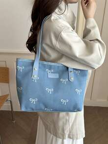 Women's Bowknot Print Denim Tote Shoulder Bag, Contrast Color Faux Leather Strap Large Capacity Handbag, Casual Daily School Shopping Bag - Multicolor - View 3