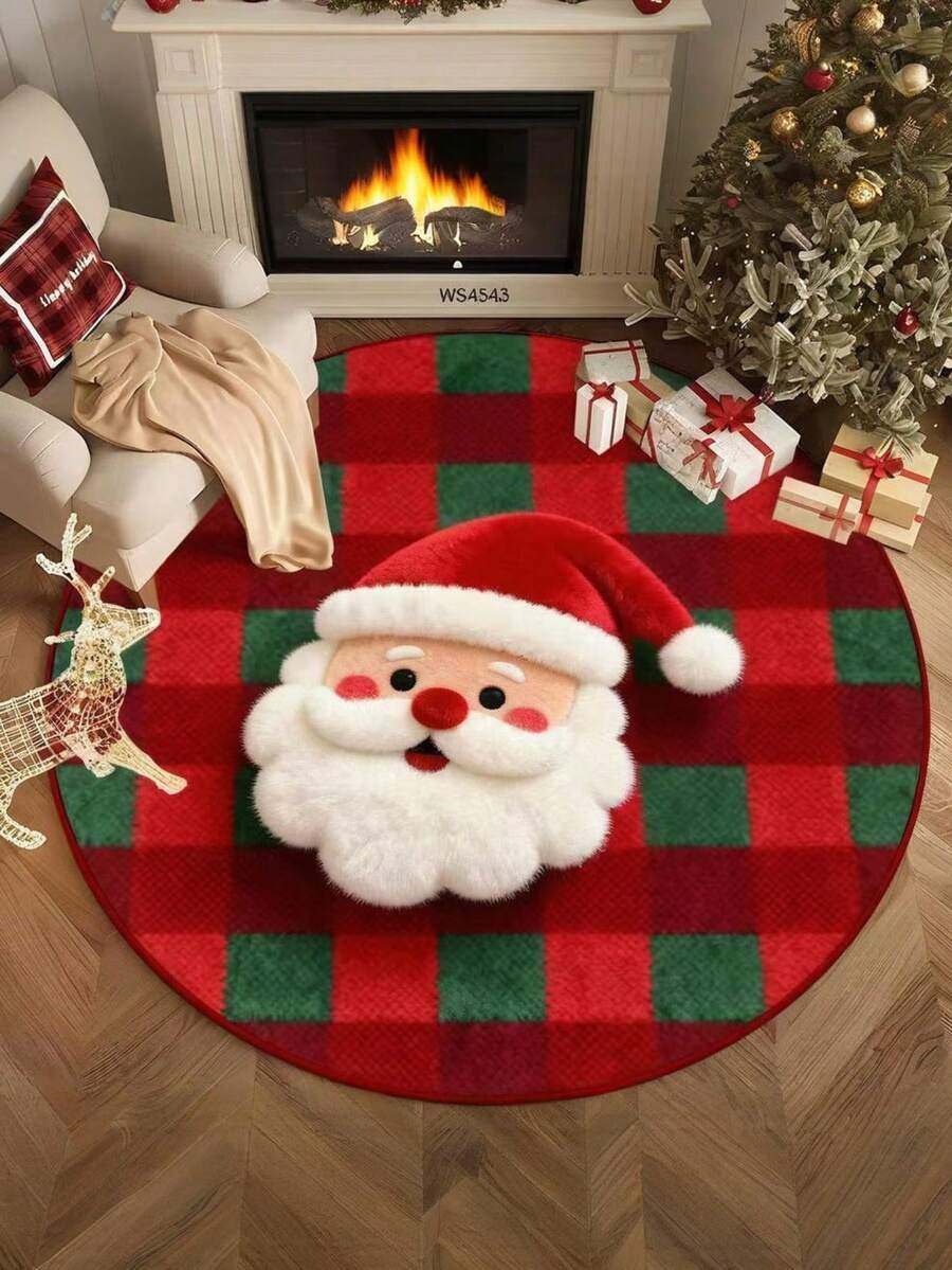 Round Burgundy Christmas Tufted Rug Checkered Border Snowman Gingerbread Gift Candy Cane Plush Rug - Multicolor - View 1