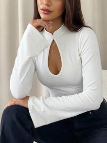 Women's High Collar Buttoned Window Detailed Spanish Sleeve Shirt Blouse - Beige - View 5