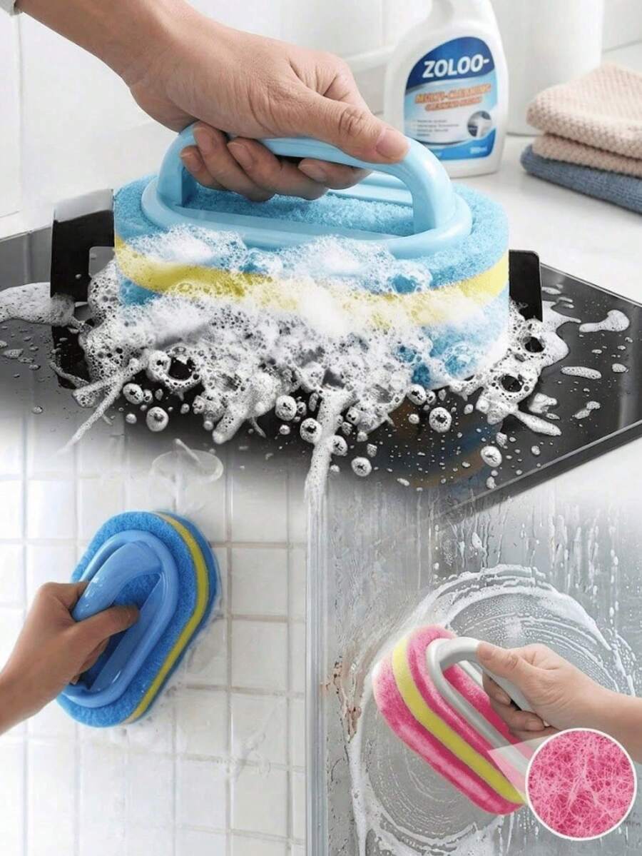 2pcs Heavy Duty Sponge Brushes, Multi-Purpose Cleaning Tools, Removes Grease And Stains From Bathtub, Tile, Stove, Glass, Kitchen, Bathroom And Floor, Durable Household Cleaning Accessories, Suitable For Apartment And Daily Use