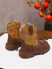 Western Style Embroidered Children's Boots, Mid-Calf Western Boots, Vintage Mid-Calf Boots, Fashionable Comfortable Flat Boots, Suitable For Daily Wear In Autumn And Winter - Brown - View 7