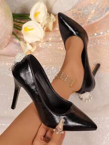 Elegant Women's High Heels, Classic Solid Color, Pointed Toe Stiletto Pumps, Pearl Tassel Decor, Suitable For Weddings And Parties - Black - View 1
