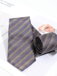 Men's Blue & Brown Diagonal Stripe Tie, 8cm Wide, Luxury Jacquard Woven, Wedding Interview Commute Suit Accessory - Blue-brown Twill - View 3