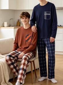 Man's Autumn/Winter Blue/Brown Round Neck Long Sleeve T-Shirt+Checkered Pants And Sleepwear Set, Teenager Daily Leisure And Entertainment Home Clothes - Multicolor - View 1