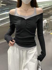 女款秋季韓風拼色修身優雅露肩2合1設計長袖T恤上衣 - 黑色 - 查看 2