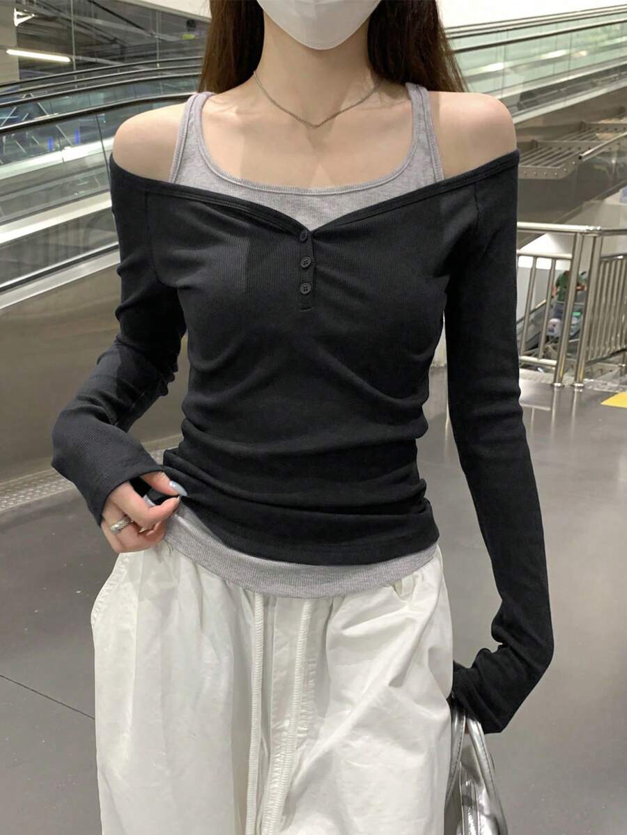 女款秋季韓風拼色修身優雅露肩2合1設計長袖T恤上衣