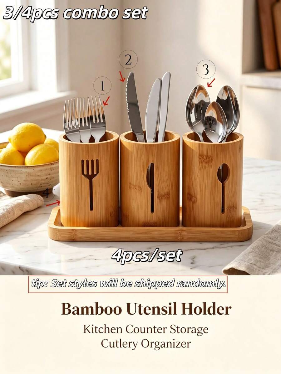 3/4pcs (Storage Bucket + Knife + Fork + Spoon) Set Combination Carbonized Bamboo Rustic Kitchen Utensil Holder, Divided Cutlery Tray Storage, Bottom Ventilation & Moisture-Proof, Natural Rustic Style Cutlery Rack Spoon Holder (Random Style Shipped)