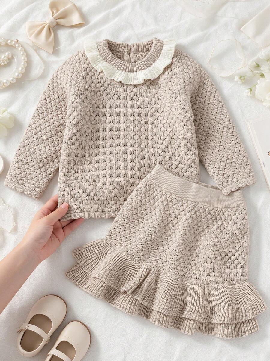 Baby Girls Sweater Set Korean Style Soft Gentle Knit 2-Piece Outfit Contrast Color Ruffle Collar Long Sleeve Top Double Layer Ruffle Skirt Daily Outing Wear - Camel - View 1