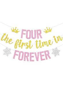 1pc Four The First Time In Forever 4th Birthday Banner, Snowflake Theme Princess Happy 4th Birthday Party Decoration - Multicolor - View 14