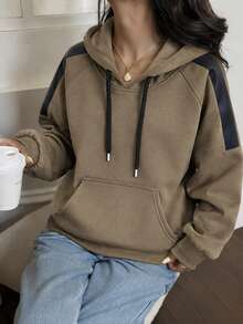 Women's Khaki Contrast Panel Hoodie, Relaxed Pullover Sweatshirt With Kangaroo Pocket, Casual Streetwear - Coffee Brown - View 5